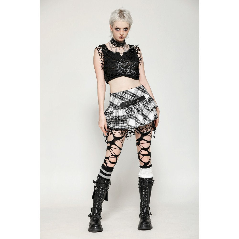 Dark in Love Quinn Punk Black and White Checkered Asymmetrical Messy Net Skirt