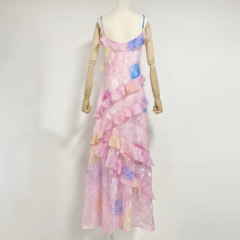 V-neck Strap Printed Backless Slim Fit Ruffled Dress