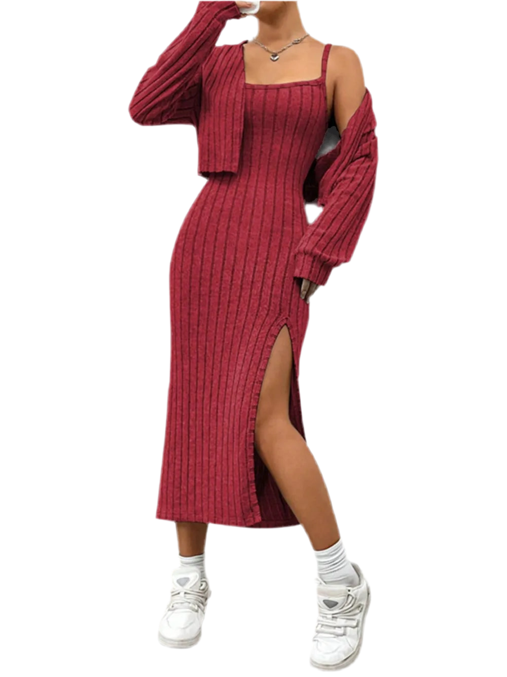 Ribbed Long Sleeve Cropped Cardigan and Slit Cami Dress Set