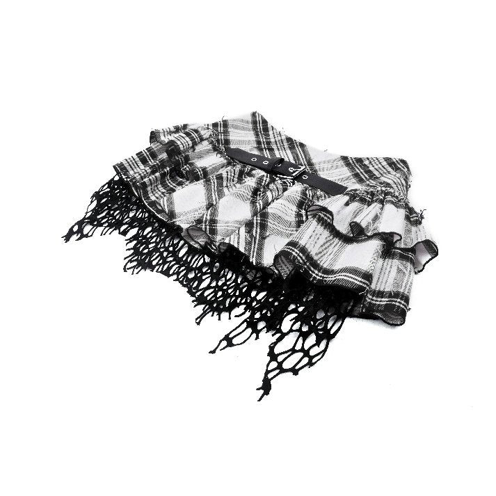 Dark in Love Quinn Punk Black and White Checkered Asymmetrical Messy Net Skirt