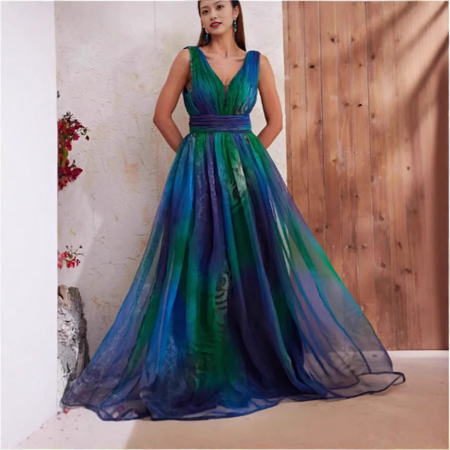 Deep V-neck Backless Printing Chiffon Big Swing Dress