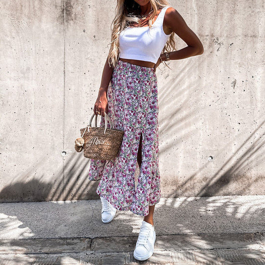 Summer Leisure Vacation Patchwork Floral Color Patchwork Skirt
