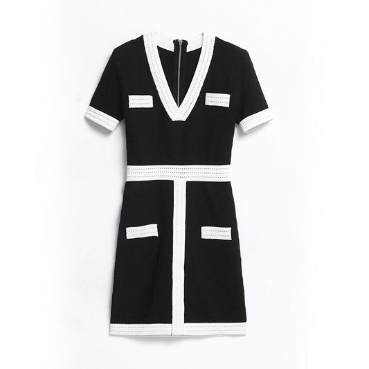 Black And White Contrast Color V-neck Slim Knit Dress For Small Women Korean Style Slim High Waist Sexy Dress