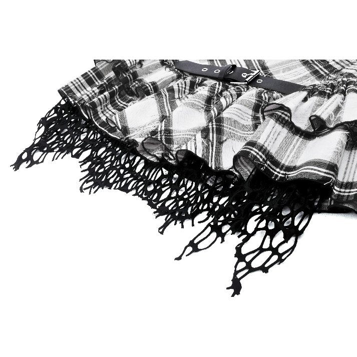 Dark in Love Quinn Punk Black and White Checkered Asymmetrical Messy Net Skirt
