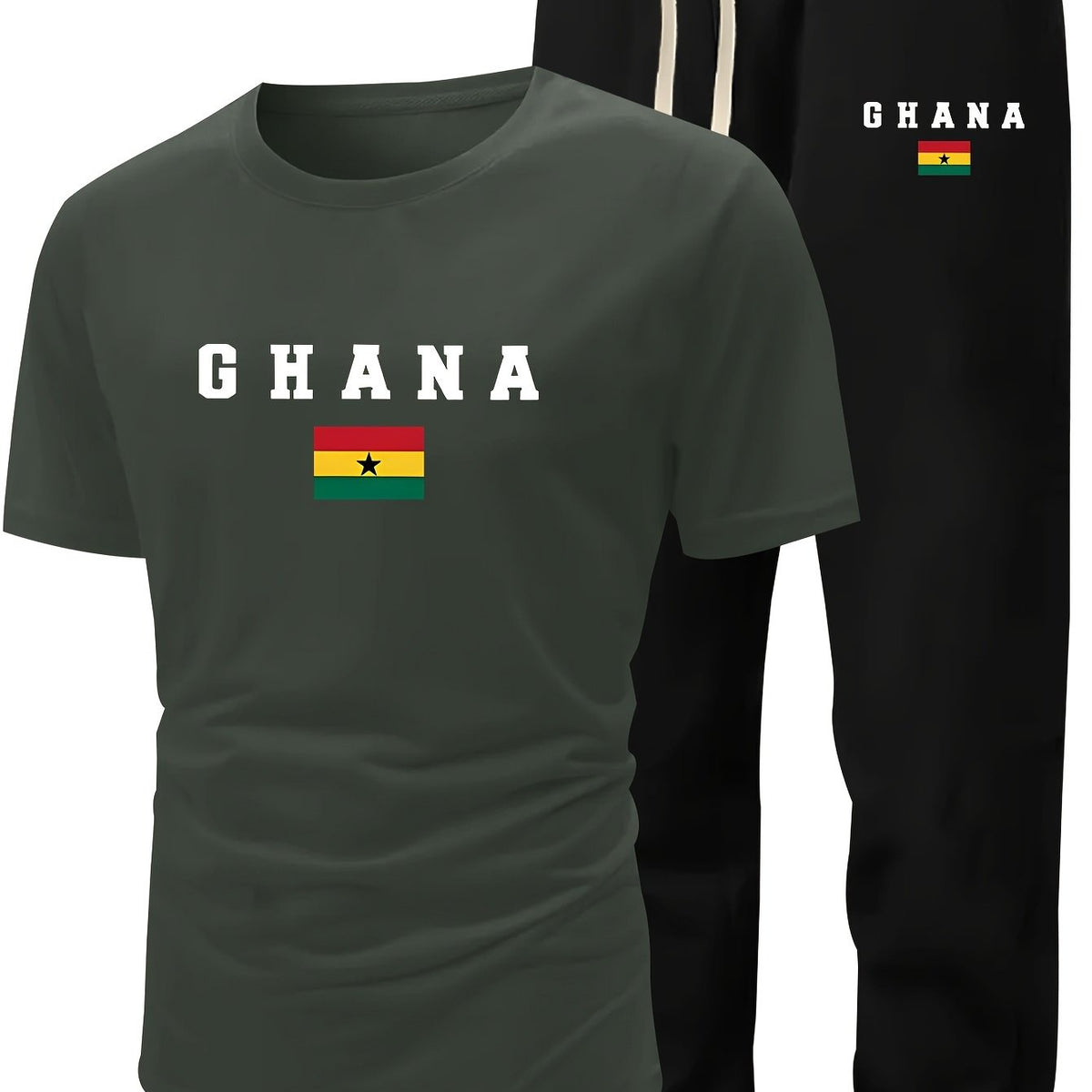 Men's Summer Casual Two-Piece Set, Men's Ghanian Print Short Sleeve T-Shirt with Comfortable Long Pants Fashion Outfit
