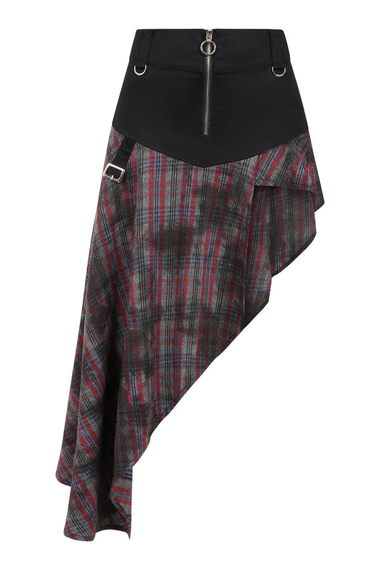 Banned Apparel Morrigan Goth Asymmetric Tartan Skirt in Red
