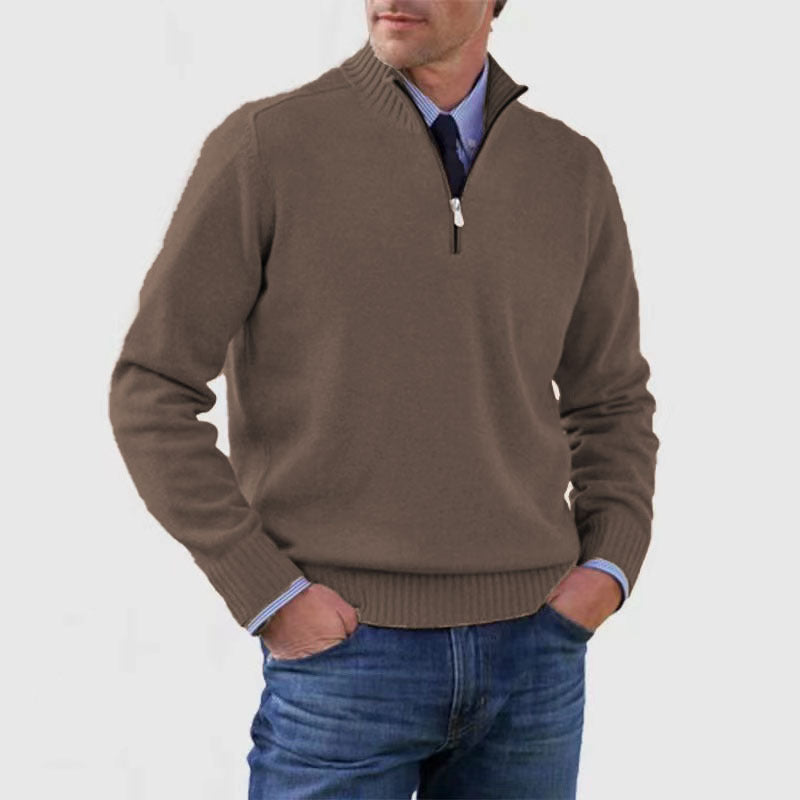 Men's Stand Collar Zipper Sweater Winter Fashion Solid Color Long Sleeve Knitted Top Clothing