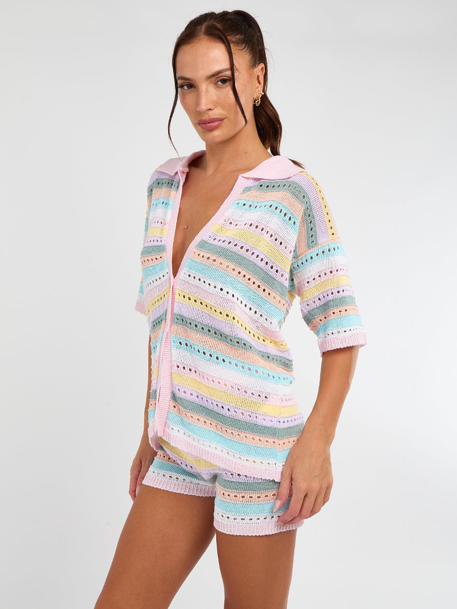 Stripe Crochet Knitted Top and Mirco Shorts