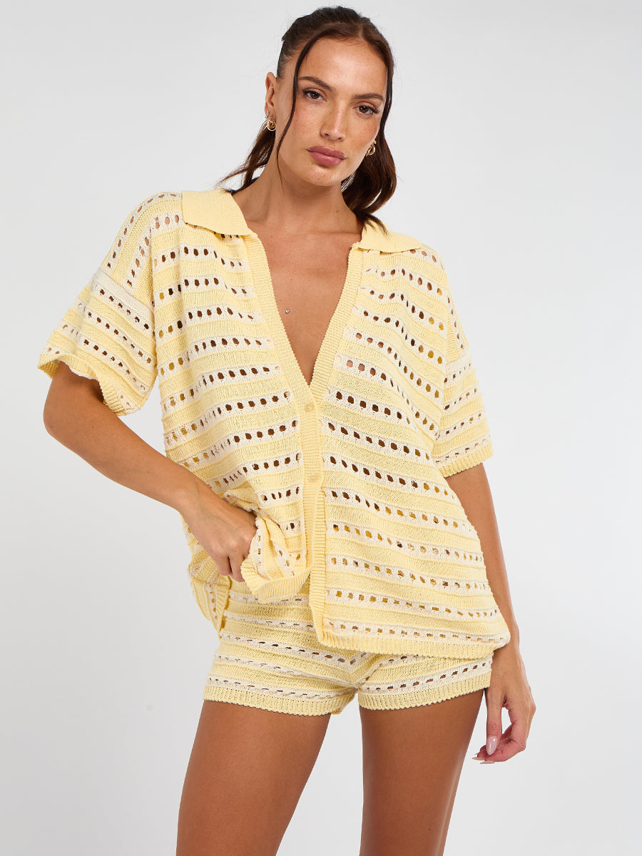 Stripe Crochet Knitted Top and Mirco Shorts