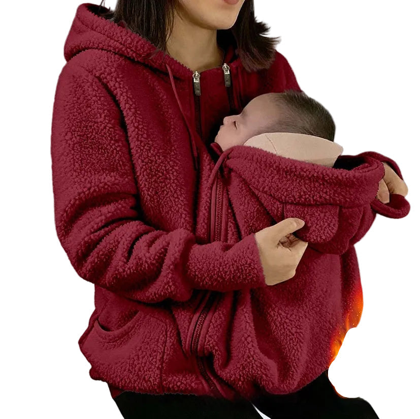 Corduroy Hooded Sweatshirt With Baby-pocket Women's Thickened Zip-up Jacket For Parent-Child Matching Outfits