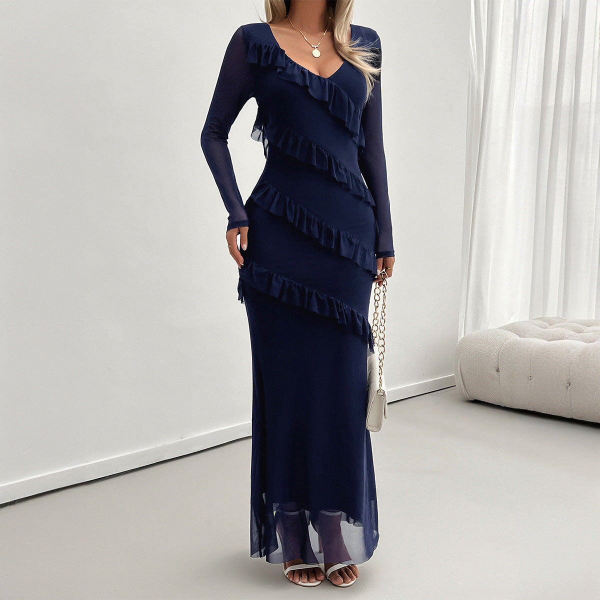 Women's Elegant Slim Fit Mesh V-Neck Dress – Evening Party & Formal Wear
