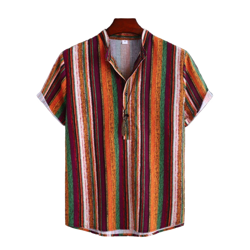 Men's Stand Collar Ethnic Style Striped Cotton-linen Shirt Fashion Casual Short Sleeve