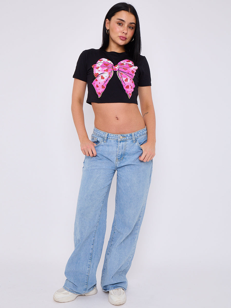 Bow Hearts Graphic Printed Crop Top