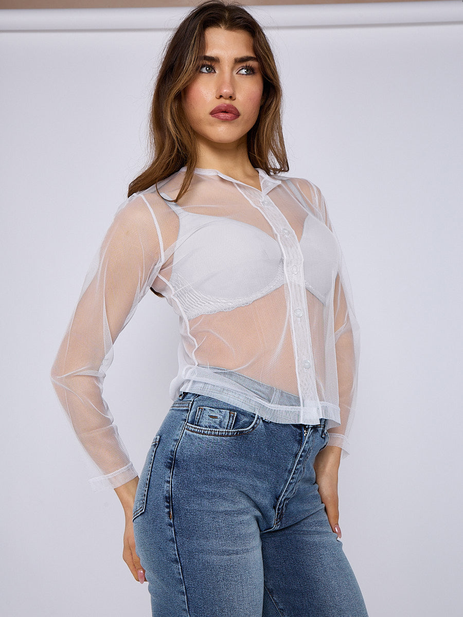 Mesh Button Through Long Sleeve Top