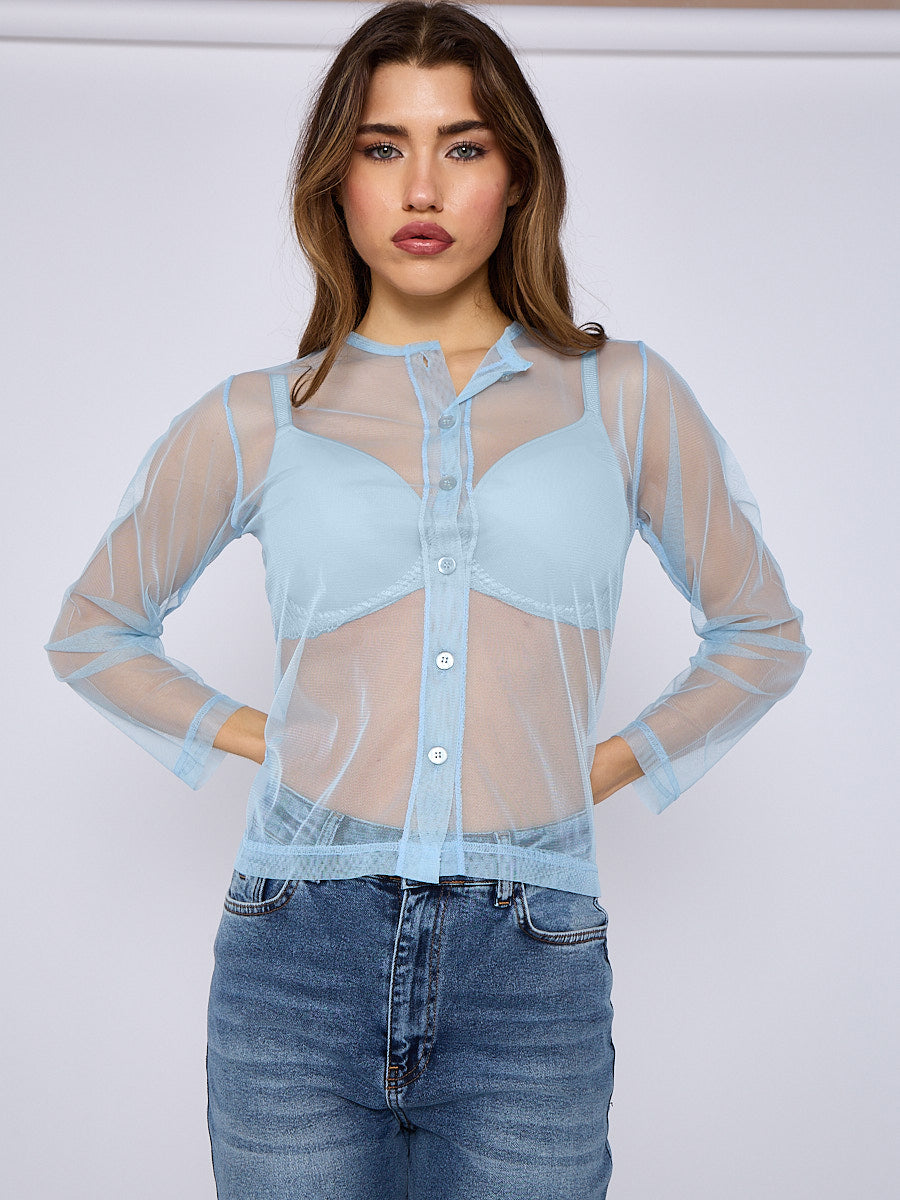 Mesh Button Through Long Sleeve Top