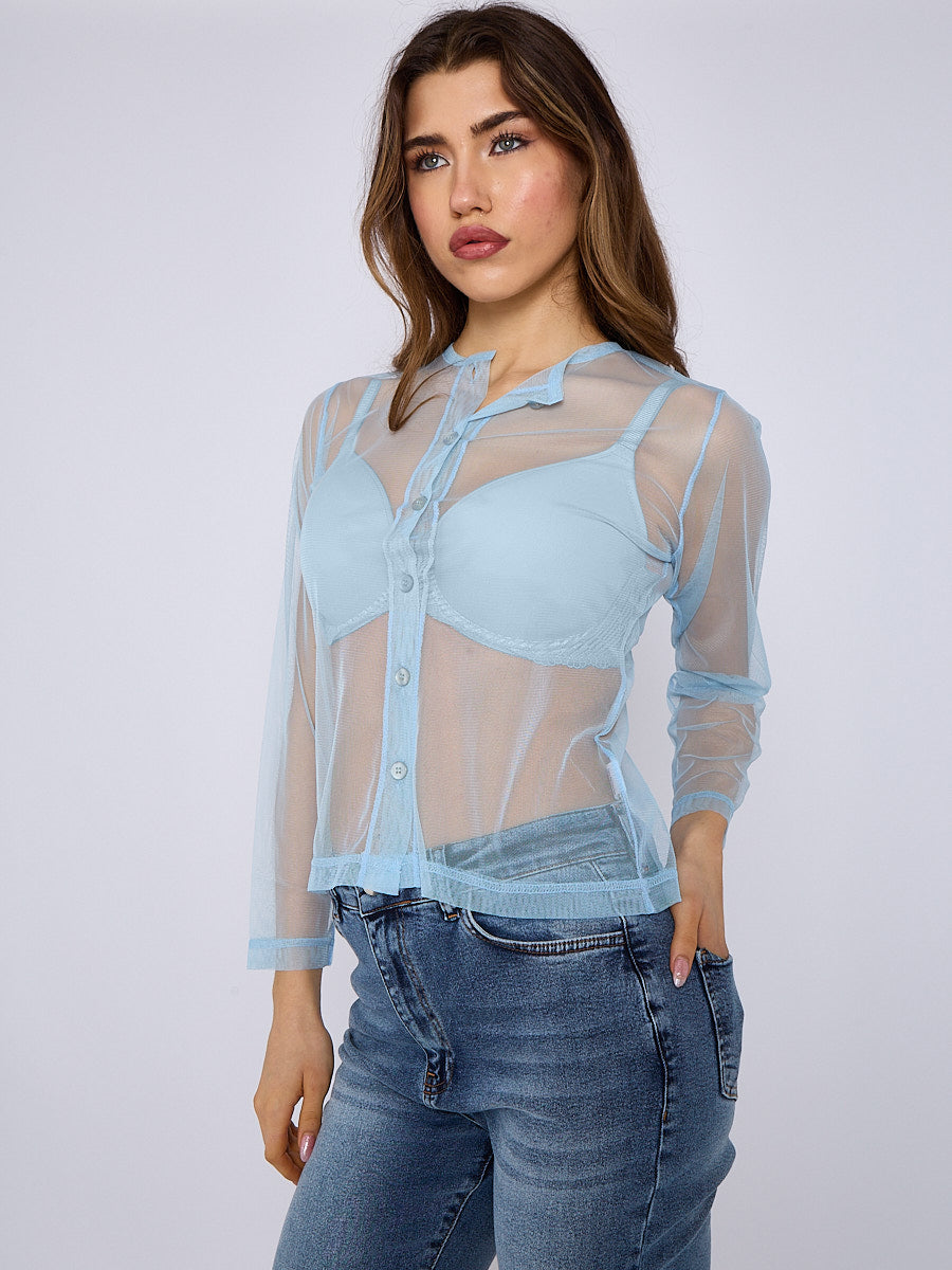 Mesh Button Through Long Sleeve Top