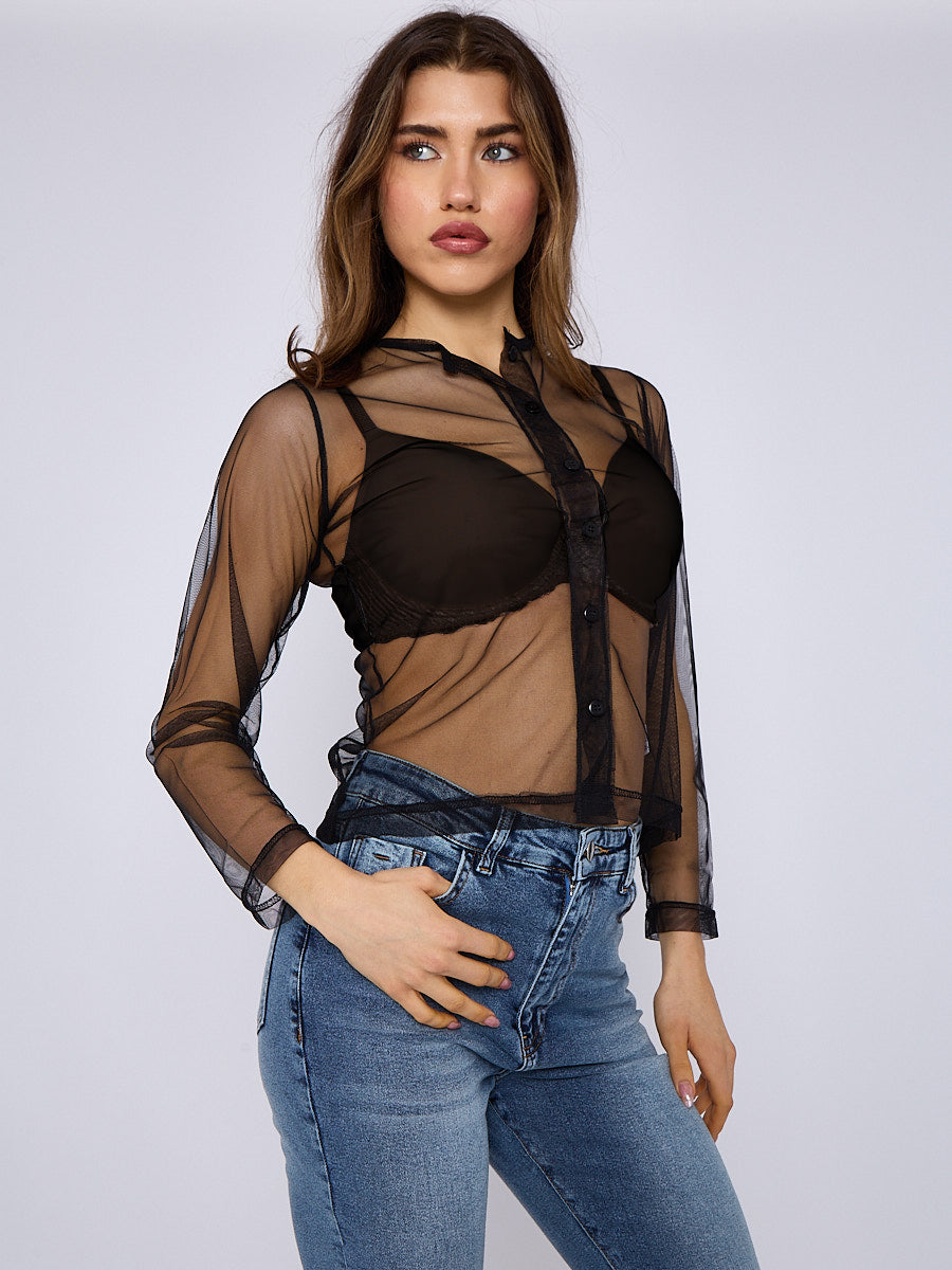 Mesh Button Through Long Sleeve Top