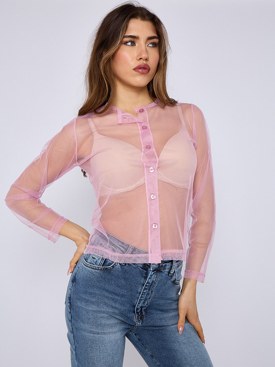 Mesh Button Through Long Sleeve Top