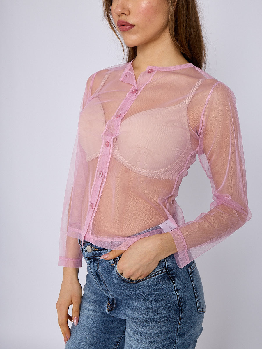 Mesh Button Through Long Sleeve Top