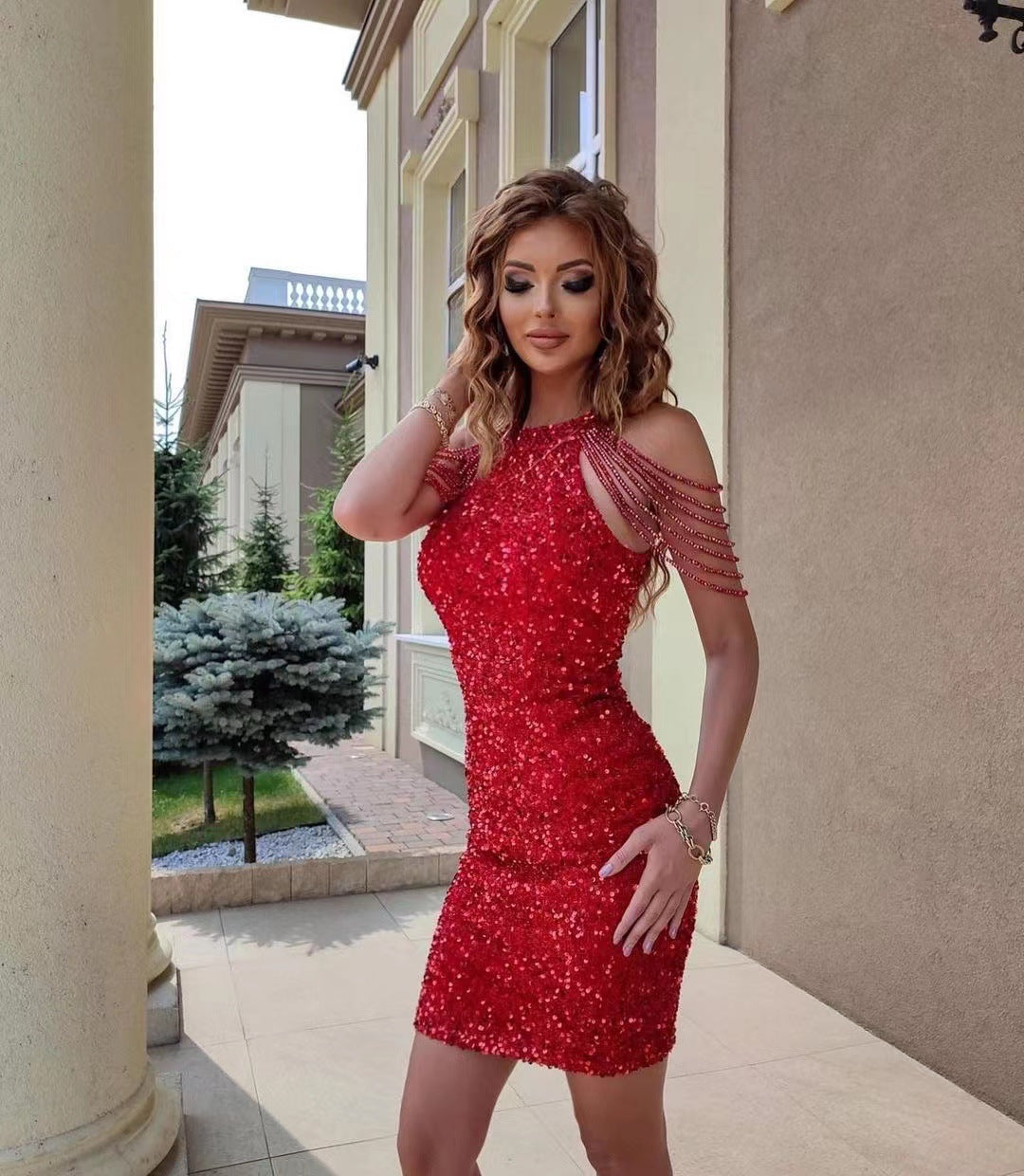 Sexy fashion halter off-the-shoulder fringe wrap hip crystal splicing sequin dress