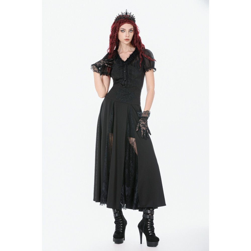 Dark in Love Dalaria High Waist Gothic Long Skirt - Lace Inset Panel