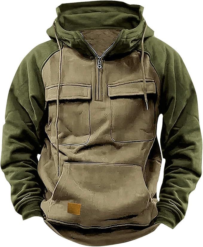 Men's Retro Cargo Half-Zip Fleece Hoodie – Warm Multi-Pocket Outdoor Hooded Jacket