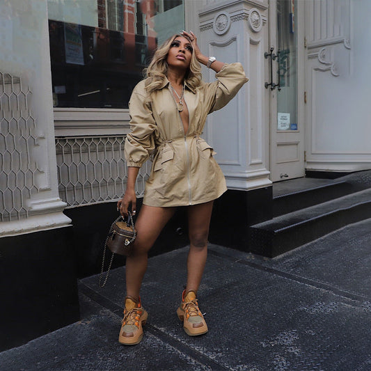 Drawstring Waist Mid-length Trench Coat For Women