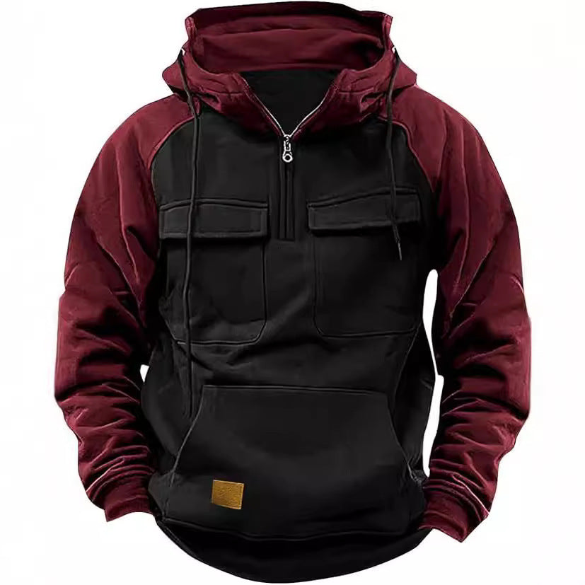 Men's Retro Cargo Half-Zip Fleece Hoodie – Warm Multi-Pocket Outdoor Hooded Jacket