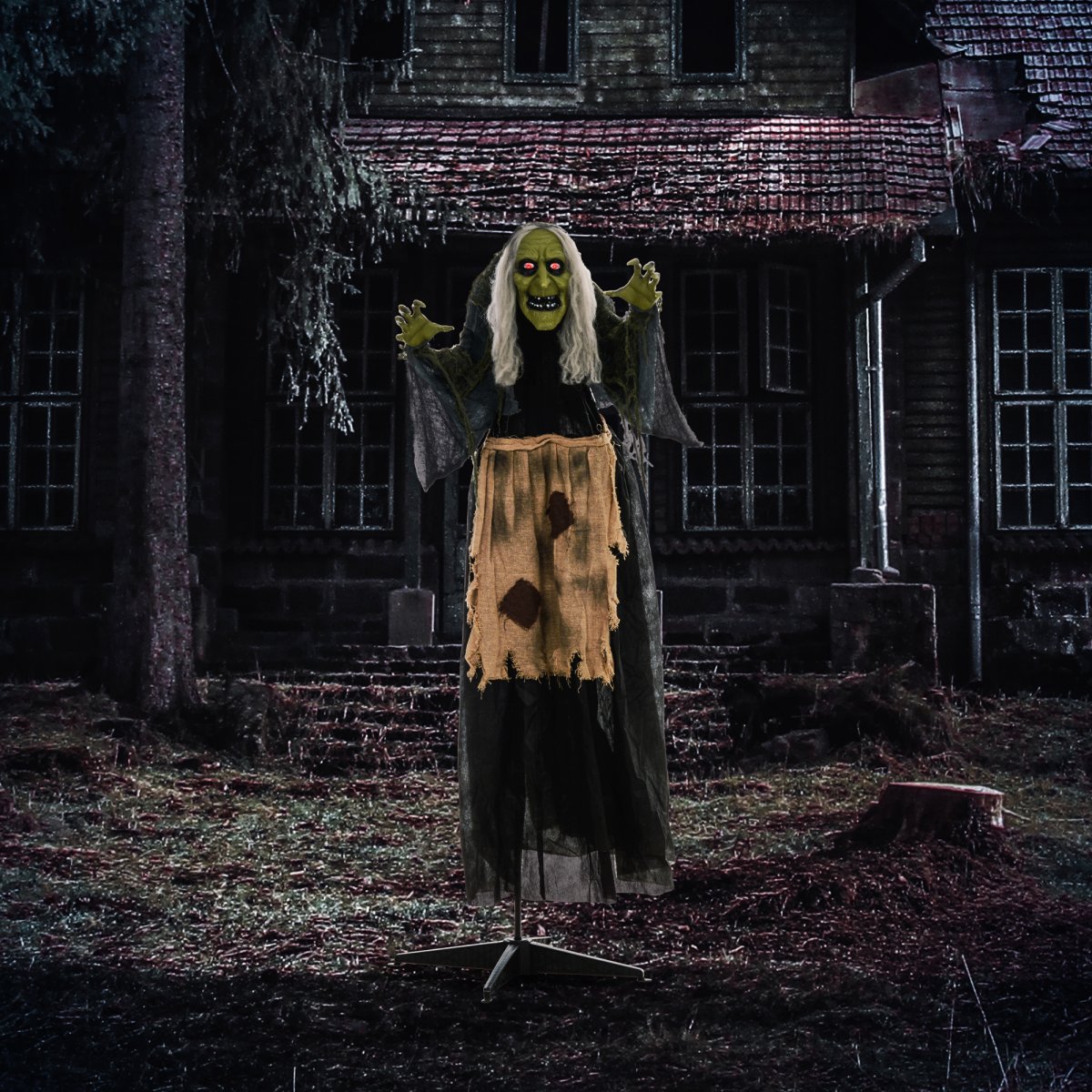 HOMCOM Sound-Activated Halloween Witch Animatronic Prop with Glowing Red Eyes