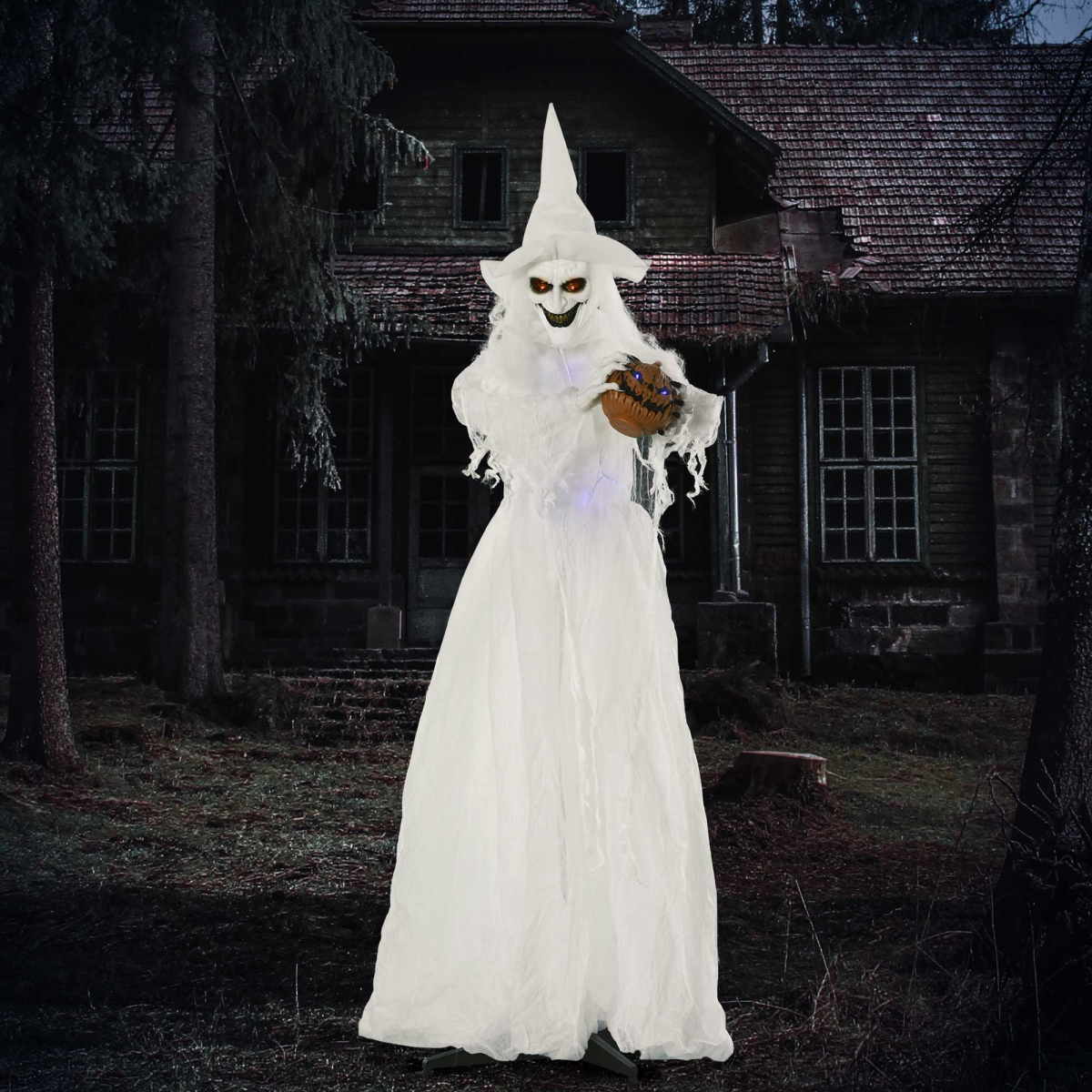 72" Motion Light-Up White Witch with Pumpkin & Skeleton Ghosts, Battery Operated