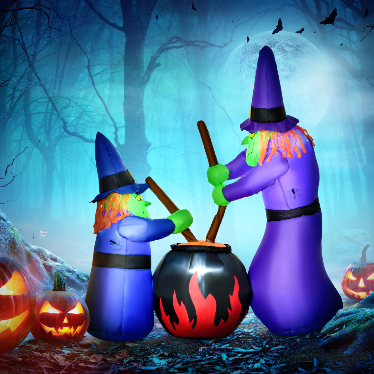 1.8m Inflatable Halloween Lawn Deco with LED Witches Around A Black Cauldron