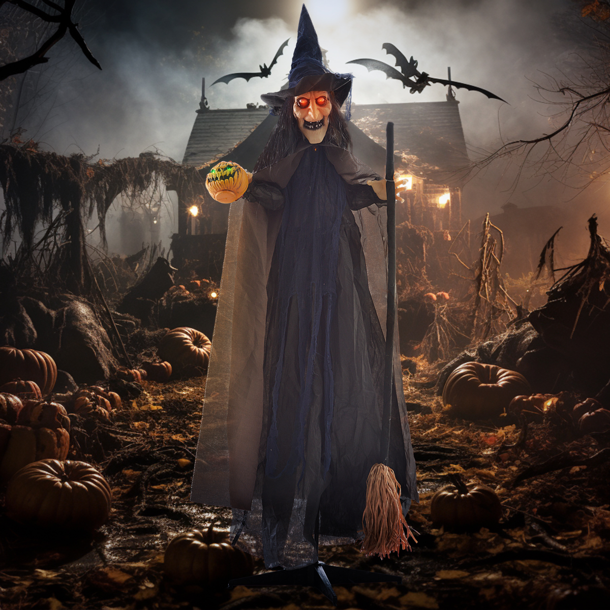 HOMCOM Animatronic Halloween Witch with Broomstick, Light-Up Red Eyes, Moving Arms & Head