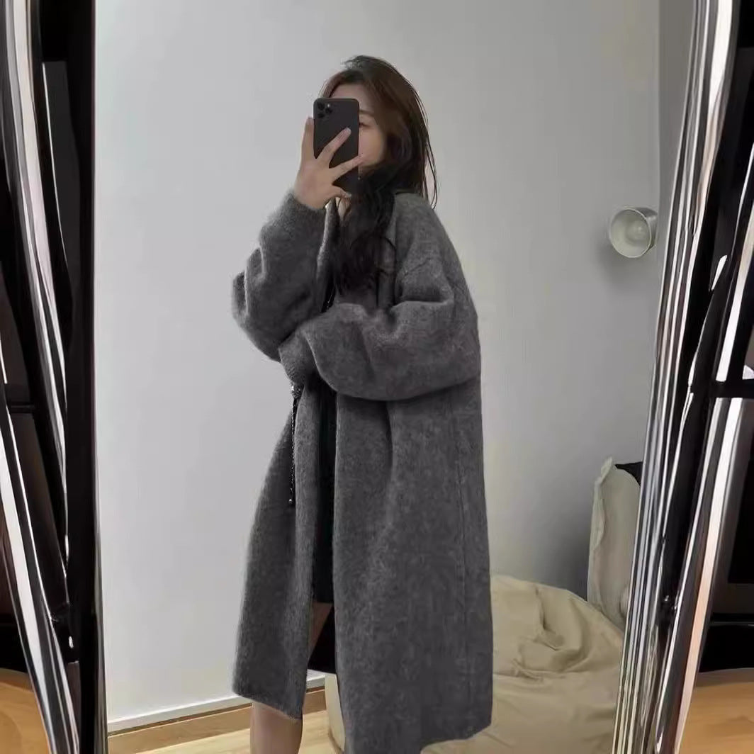 Women's Mid-length Knitted Cardigan V-neck Thickened Sweater Coat