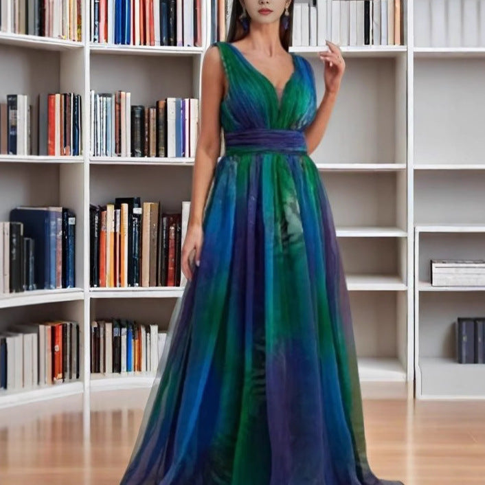 Deep V-neck Backless Printing Chiffon Big Swing Dress