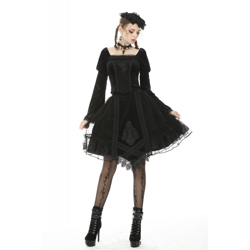 Dark in Love Melisandre Embroidered Velvet Mesh Goth Skirt in Black