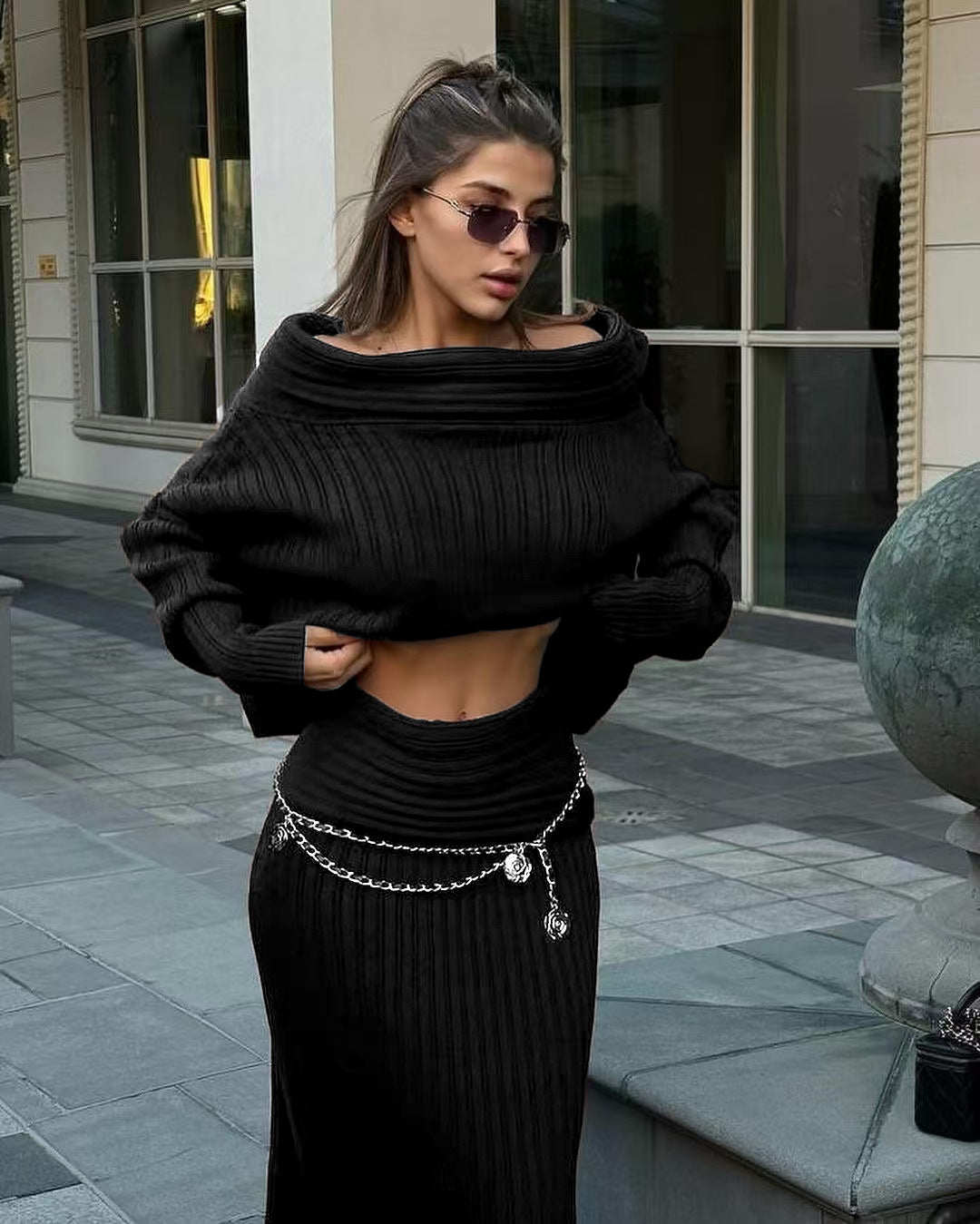 Women’s Winter Knitted Two-Piece Set – Off-Shoulder Sweater & Slim Skirt