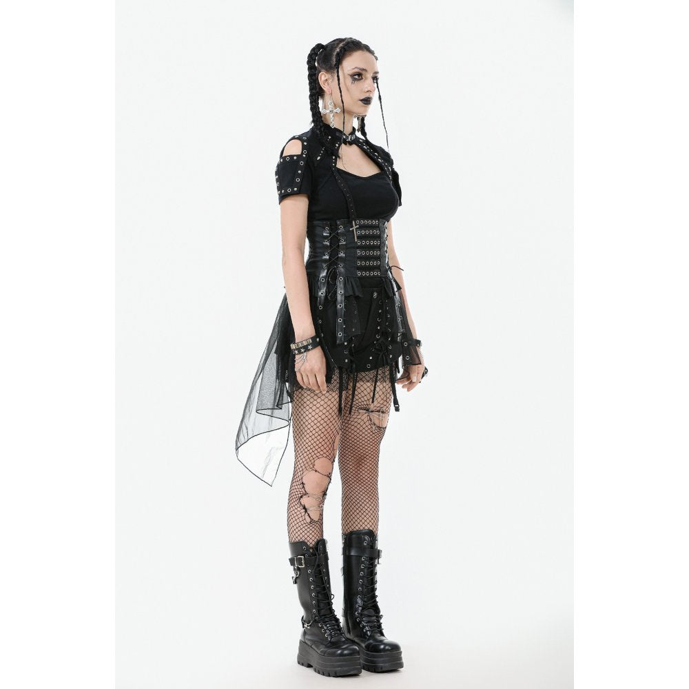Dark in Love Draven Layered Mesh & Faux Leather Waist Cincher Skirt