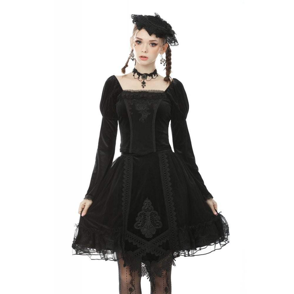 Dark in Love Melisandre Embroidered Velvet Mesh Goth Skirt in Black