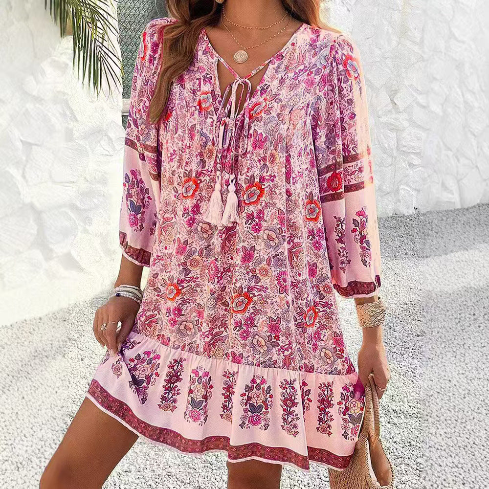 Spring And Summer Leisure Bohemian Holiday V-neck Dress For Women