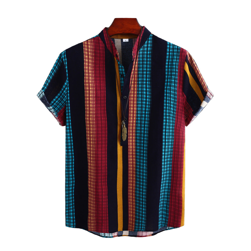 Men's Stand Collar Ethnic Style Striped Cotton-linen Shirt Fashion Casual Short Sleeve