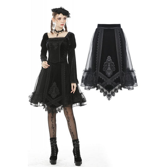 Dark in Love Melisandre Embroidered Velvet Mesh Goth Skirt in Black