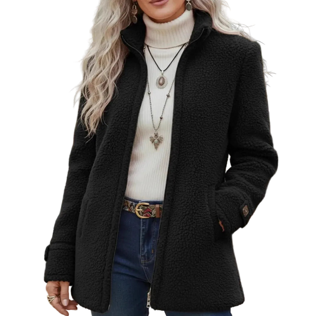 Fleece Zip-Up Jacket Women's Stand Collar Solid Color Loose Fit Casual Long Sleeve Outerwear Clothing