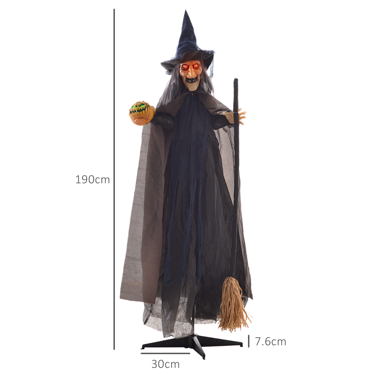 HOMCOM Animatronic Halloween Witch with Broomstick, Light-Up Red Eyes, Moving Arms & Head