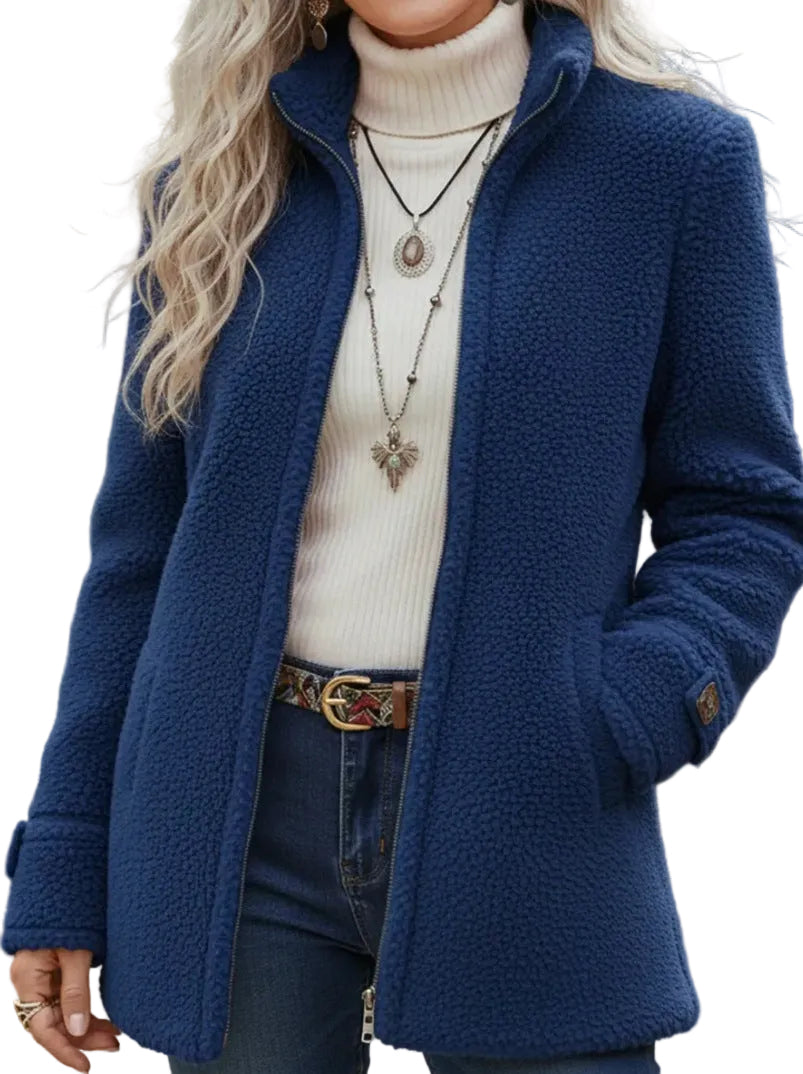 Fleece Zip-Up Jacket Women's Stand Collar Solid Color Loose Fit Casual Long Sleeve Outerwear Clothing