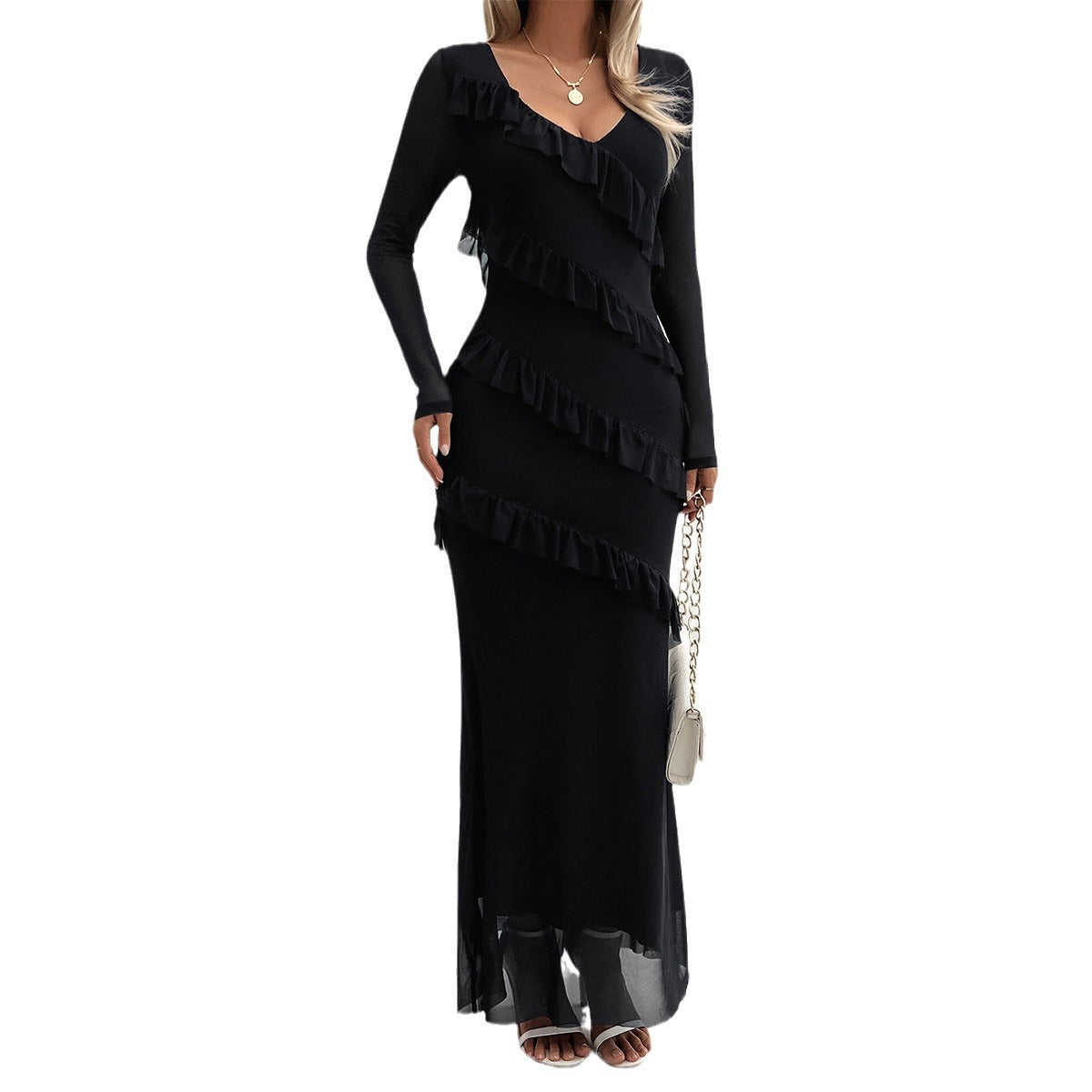 Women's Elegant Slim Fit Mesh V-Neck Dress – Evening Party & Formal Wear