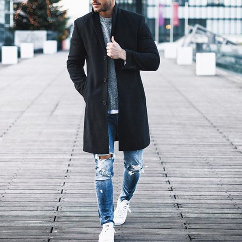 Men's Winter Trench Coat – Long Slim Fit Overcoat, Khaki or Black