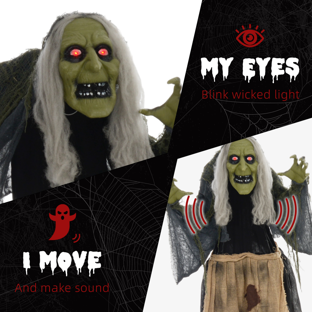 HOMCOM Sound-Activated Halloween Witch Animatronic Prop with Glowing Red Eyes