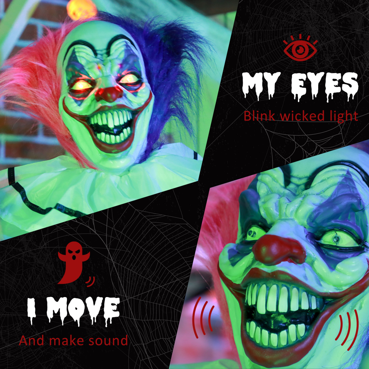 HOMCOM Halloween Clown Animatronic Prop with Glowing Red Eyes, Sounds & Motion