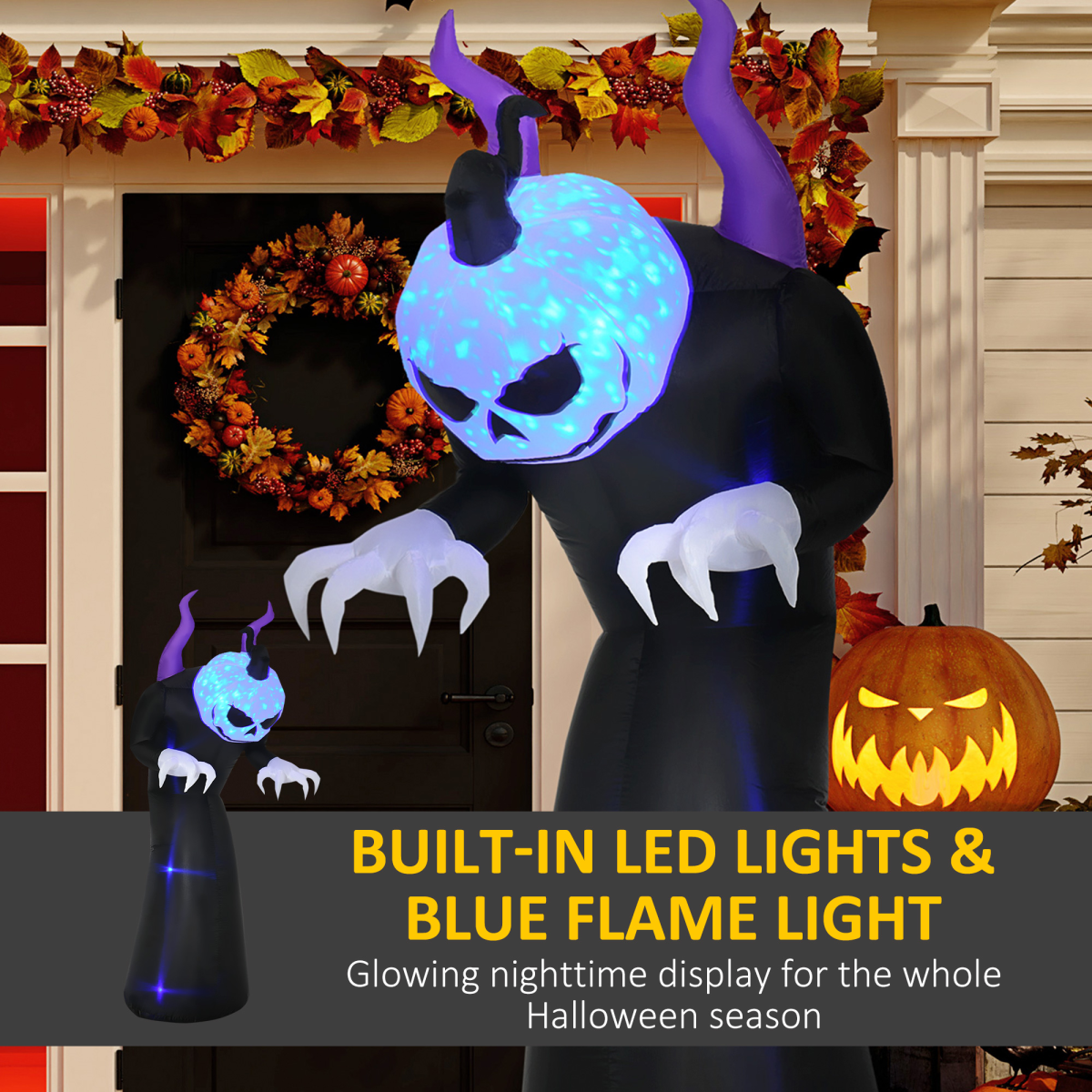 7FT Inflatable Halloween Ghost Horns with LED Flame Effect Outdoor Display