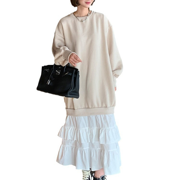 Idle Style Color Contrast Patchwork Ruffled Sweater Dress Women